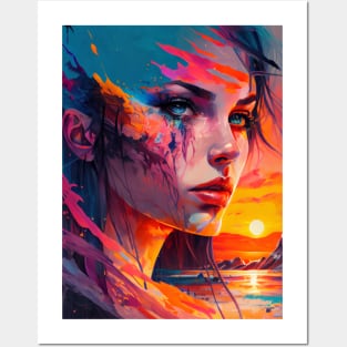 Beautiful Girl Abstract Art with Setting Sun Posters and Art